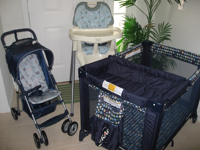high chair, cot and buggy illustration